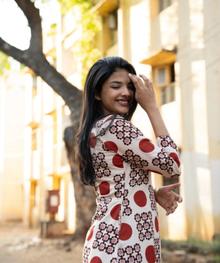 Ivory Sindoor Mosaic Cotton A-Line Kurti with Pockets