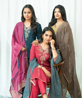 Royal Garnet Embroidered Muslin Organza 3 Piece Set
