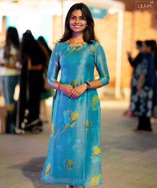 Aqua Marine Shimmer Tissue Kurti – Elegant Casual Wear