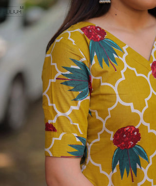 Marigold Mosaic Cotton Kurti with Elbow Sleeves – Everyday Comfort