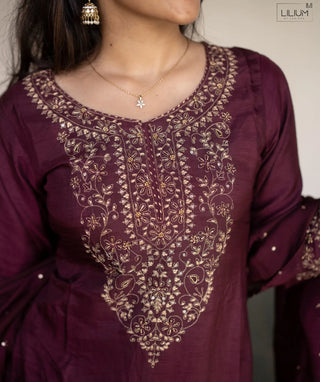 Royal Mulberry Wine Tussar Slub Silk 3 Piece Festive Set