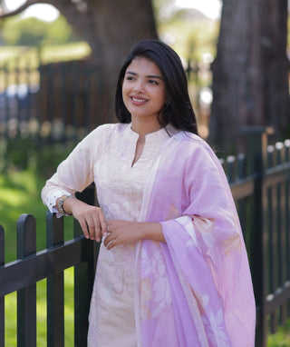 Ivory Blush Embroidered Cotton 3 Piece Festive Suit Set