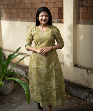 Olive Moss Cotton A-Line Kurti with Pockets | LS1101