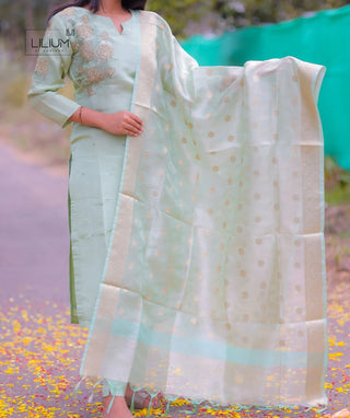 Elegant Pistha Green Festive Shimmer Silk 3-Piece Set