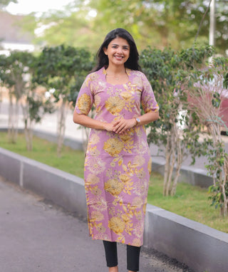 Lilac Golden Mist Cotton Kurti with Elbow Sleeves