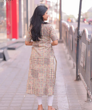 Moonstone Mosaic Handblock Cotton Kurti – Everyday Elegance