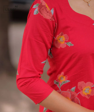 Hibiscus Flame Cotton Kurti with 3/4 Sleeves