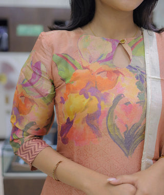 Peach Orange Kurti with Shawl – Floral Pure Muslin