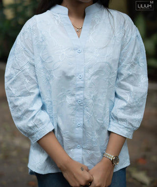 Ice Blue Blossom Cotton Embroidered Short Top