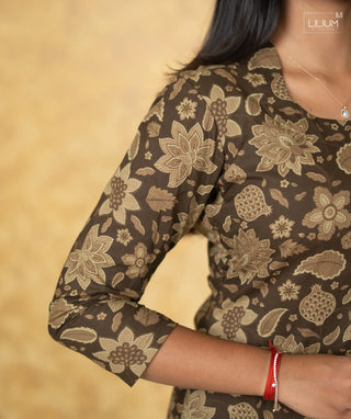 Walnut Floral Cotton Kurti with Lining & 3/4 Sleeves