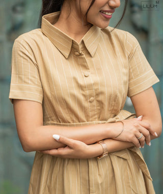 Cotton Maxi Dress in Stone Beige Lines with Pockets
