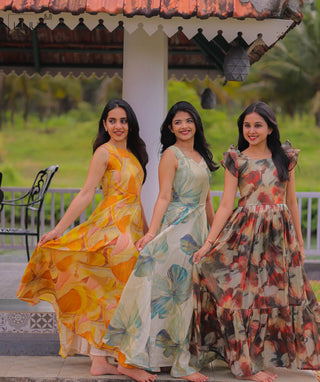 Rustic Garden Shimmer Maxi Dress with Butterfly Sleeves