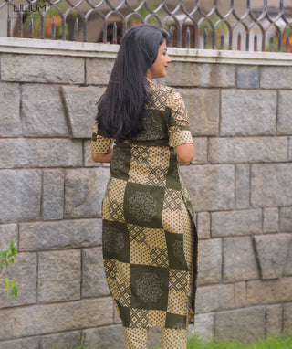 Olive Mosaic Cotton Co-Ord Set with Pockets for Women