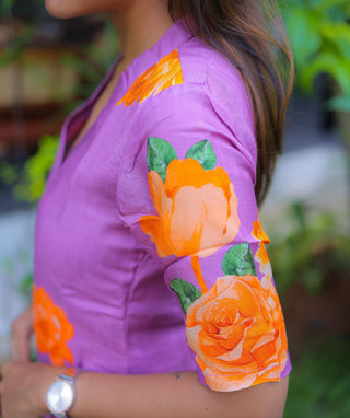 Lavender Muslin Kurti with Orange Corolla Print