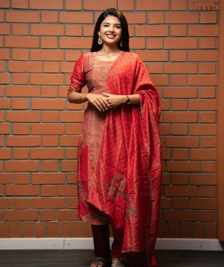 Terracotta Coral Bloom Hand Embroidered Muslin 3 Piece Set