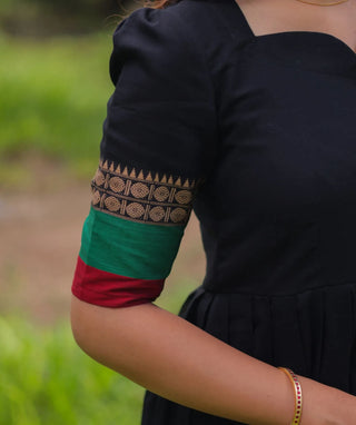 Midnight Noir Cotton Handloom Maxi with Temple Zari Border