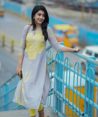 Elegant Grey Kurti with Yellow Floral Design - Pure Muslin