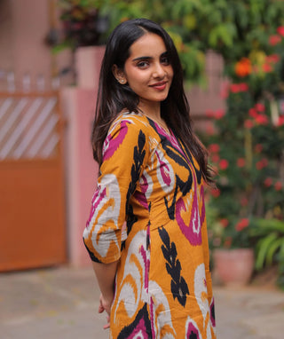 Amber Ikat Cotton A-Line Kurti with 3/4 Sleeves