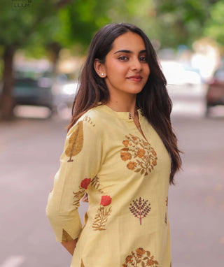 Chic Buttercream Blossom Cotton Kurti for Daily Wear