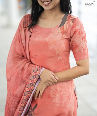 Coral Pink 3-Piece Muslin Set with Handcrafted Embroidery