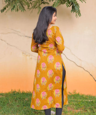 Golden Marigold Mustard Cotton Kurti | 3/4 Sleeve
