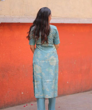 Aqua Sage Bloom Rayon Co-ord Set with Pockets & Elbow Sleeves