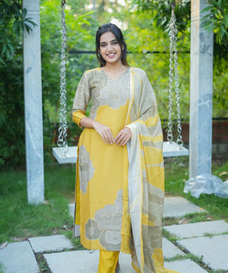 Yellow Blossom Muslin Silk 3-Piece Set with Embroidery