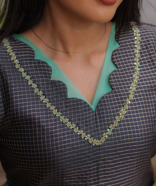 Midnight Aqua Grid Hand Embroidered Banaras Silk Kurti