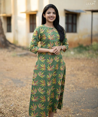 Verdant Haldi Grove Cotton A-Line Kurti with Pockets