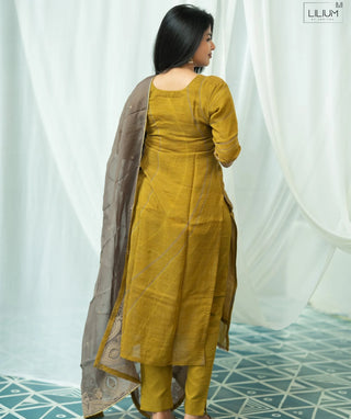 Antique Olive Gold Embroidered Organza 3 Piece Set