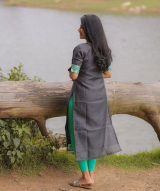 Midnight Aqua Grid Hand Embroidered Banaras Silk Kurti