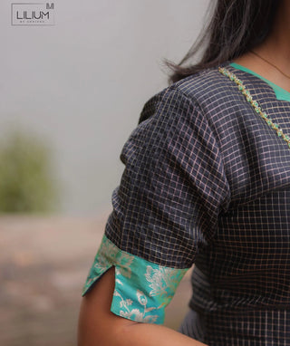 Midnight Aqua Grid Hand Embroidered Banaras Silk Kurti