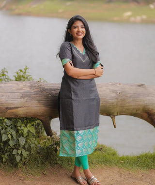 Midnight Aqua Grid Hand Embroidered Banaras Silk Kurti