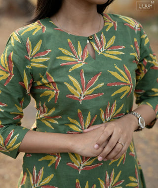 Verdant Haldi Grove Cotton A-Line Kurti with Pockets