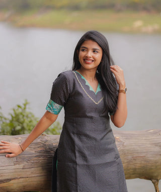 Midnight Aqua Grid Hand Embroidered Banaras Silk Kurti