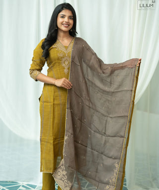 Antique Olive Gold Embroidered Organza 3 Piece Set