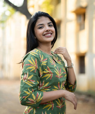 Verdant Haldi Grove Cotton A-Line Kurti with Pockets