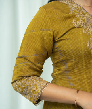 Antique Olive Gold Embroidered Organza 3 Piece Set