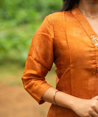 Burnt Amber Glow Hand Embroidered Muslin Kurti with Shawl