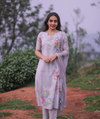 Dove Grey Elegance Embroidered Cotton 3 Piece Set