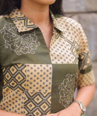 Olive Mosaic Cotton Co-Ord Set with Pockets for Women