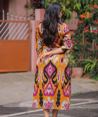 Amber Ikat Cotton A-Line Kurti with 3/4 Sleeves