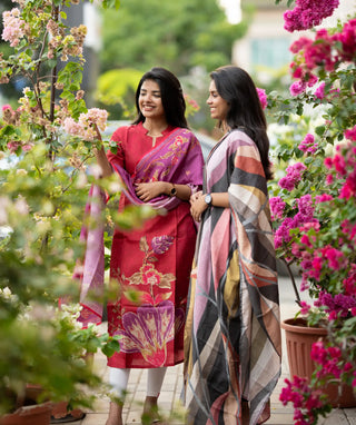 Bordeaux Bloom Chanderi Kurti with Shawl – elbow Sleeve Elegance