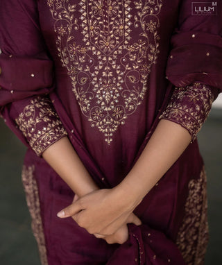 Royal Mulberry Wine Tussar Slub Silk 3 Piece Festive Set