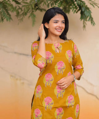 Golden Marigold Mustard Cotton Kurti | 3/4 Sleeve