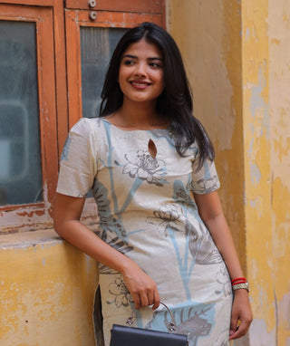 Misty Blue Slate Cotton Kurti with Elbow Sleeves