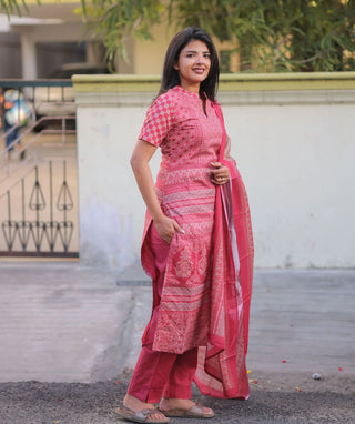 Vintage Fuchsia Cotton 3 Piece Set with Hand Embroidery