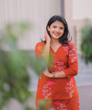 Terracotta Rose Cotton Kurti with 3/4 Sleeves