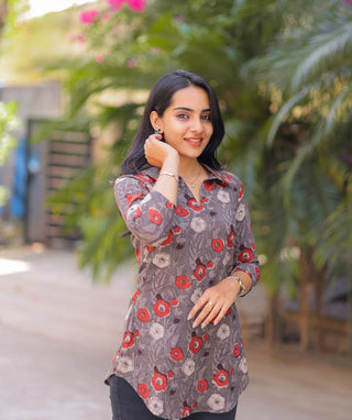 Grey Handblock Cotton Short Top with Red Blossom