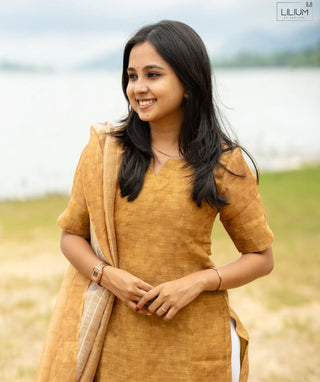 Amber Sandstone Linen Zari Silk Kurti with Shawl